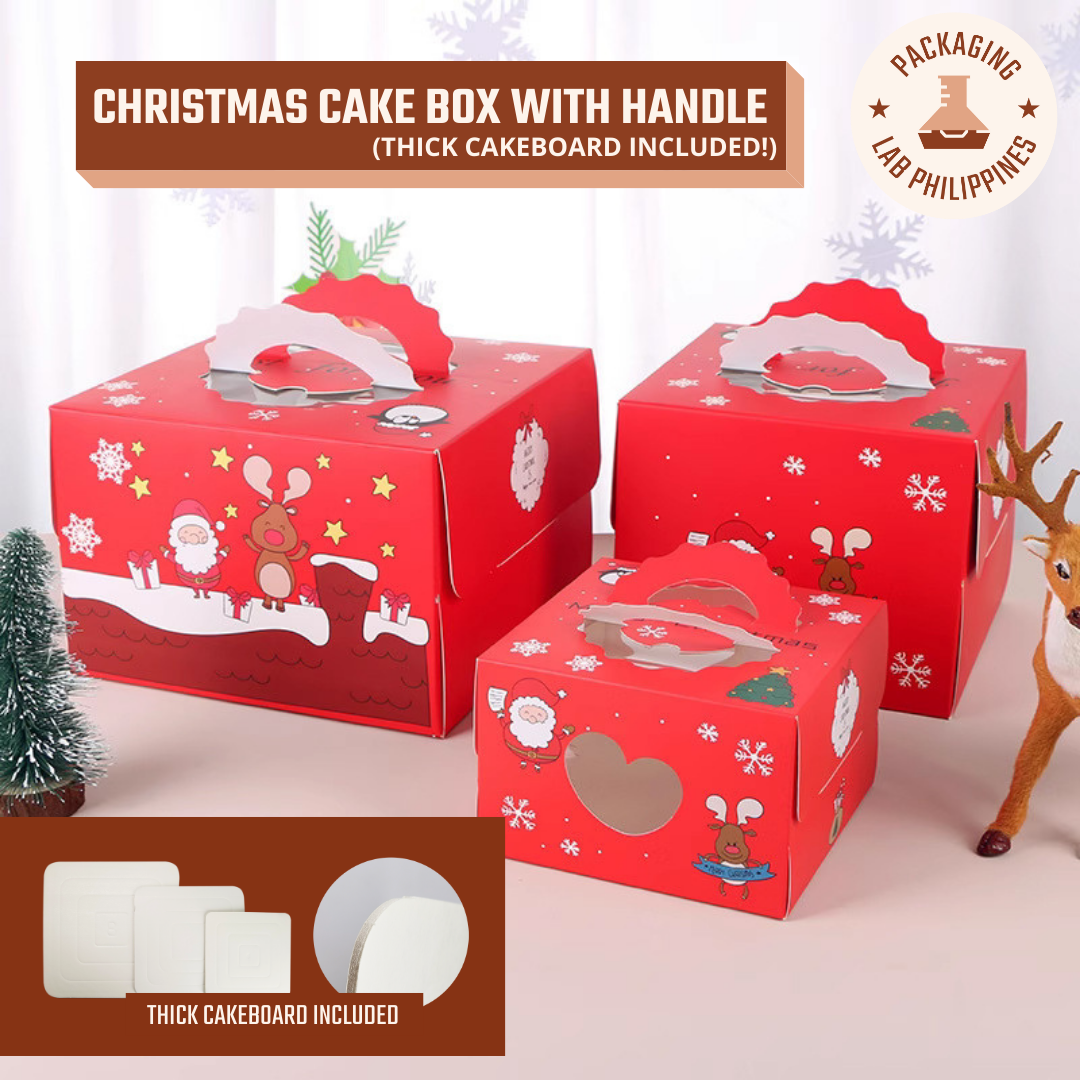 Christmas Cake Box with Handle (THICK Cakeboard included) Packaging