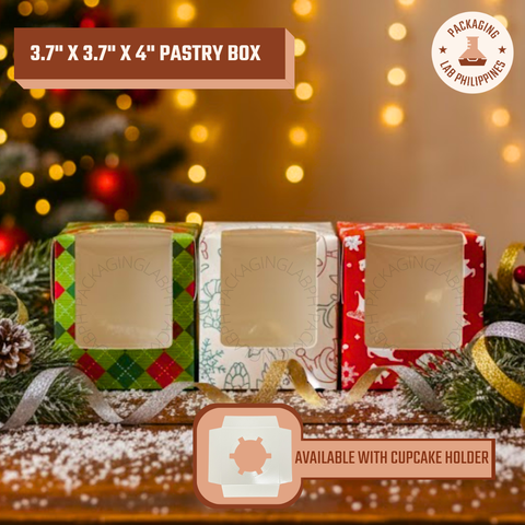 3.7x3.7x4 Small Square Pastry Box / Solo Cupcake Box - Christmas Design
