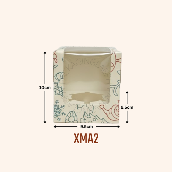 3.7x3.7x4 Small Square Pastry Box / Solo Cupcake Box - Christmas Design