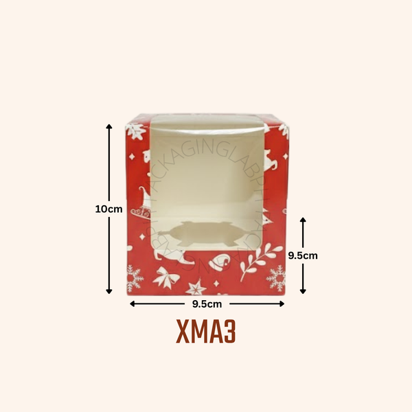 3.7x3.7x4 Small Square Pastry Box / Solo Cupcake Box - Christmas Design