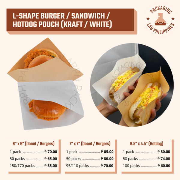 L-Shape Burger / Hotdog Sandwich Pouch in White and Kraft 60 GSM laminated