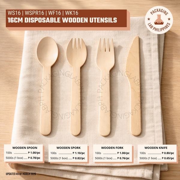 16 cm Disposable Wooden Utensils (Spoon, Fork, Spork, Dessert Spoon)