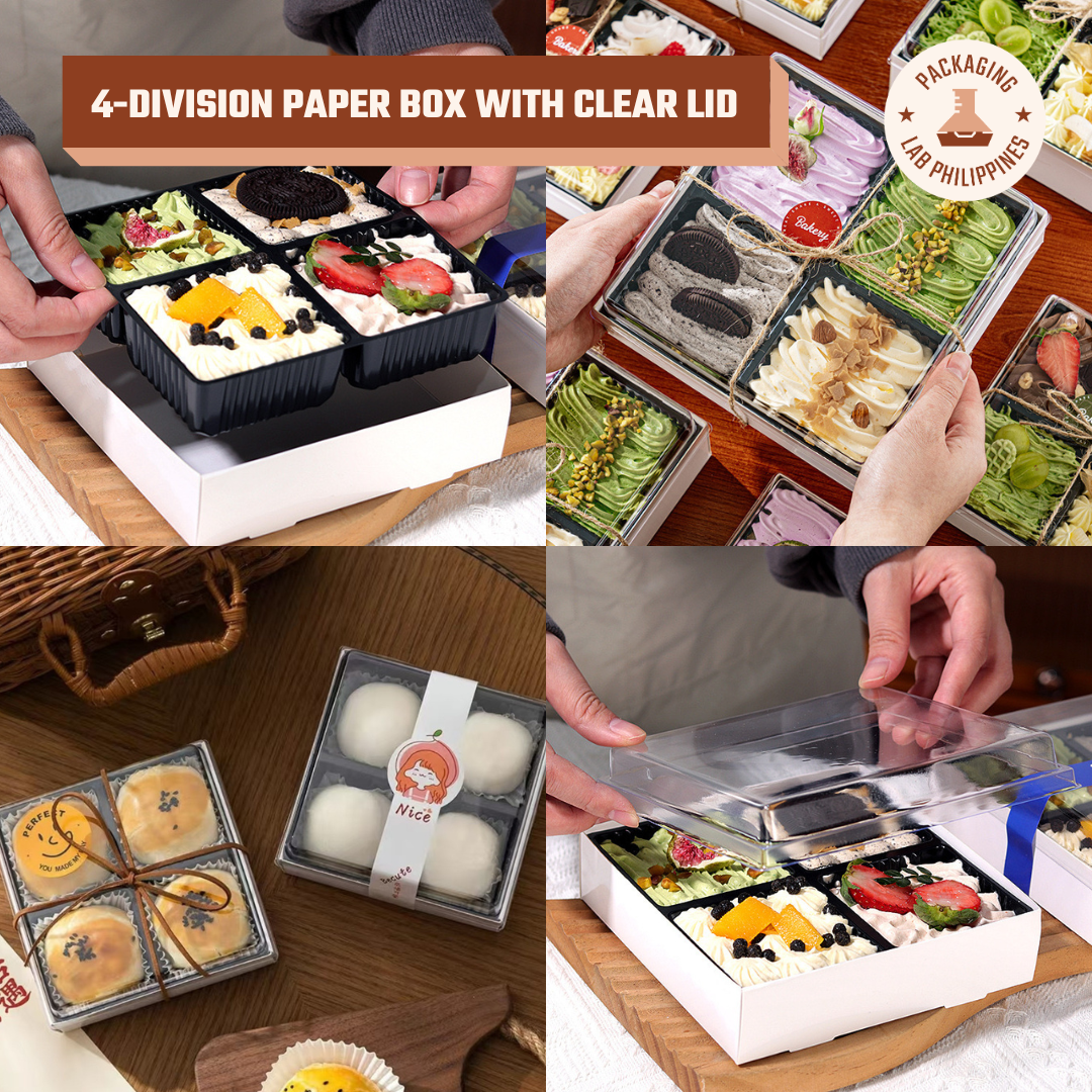 4-Division Paper Pastry Box with Clear Lid / Tiramisu Sampler Box