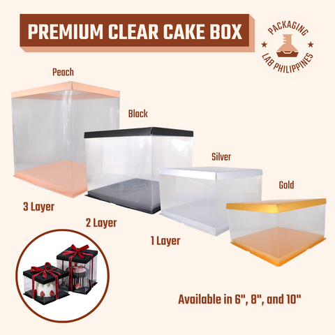 [FREE RIBBON] Premium Clear Cake Box with Colored Lid (Pink, Black, Silver, Gold)