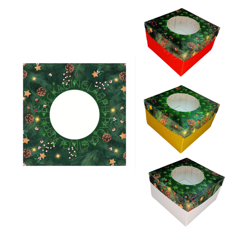 2-Pc Box - Green Christmas Lid w Window (8x8x5in, 10x10x5in, 12x12x5in)