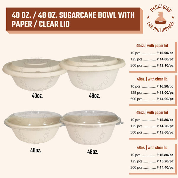 48oz. / 1440ml Big Sugarcane Bagasse Bowl, Salad Bowl with Paper / Clear Lid