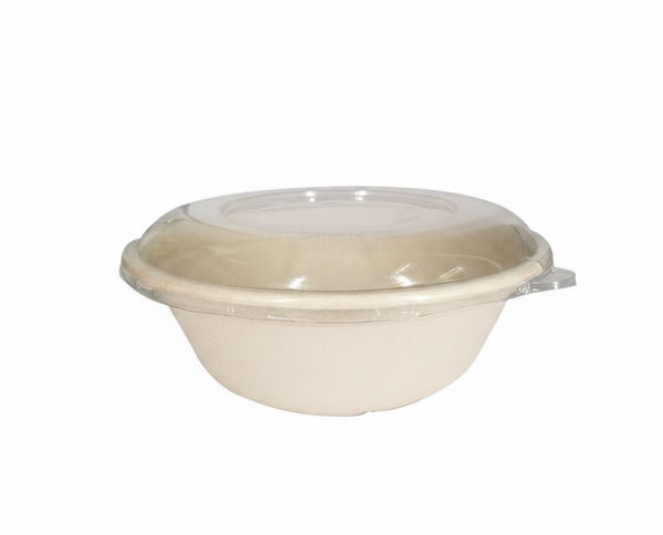40oz. / 1200ml Big Sugarcane Bagasse Bowl, Salad Bowl with Paper / Clear Lid