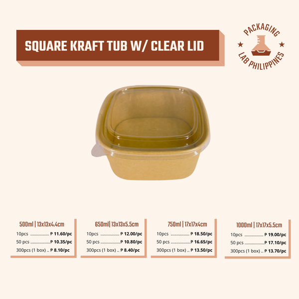 Square Kraft Tub with Clear Lid (500/650/750/1000)