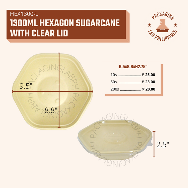 [CLEARANCE] 1300ml Hexagon Sugarcane with Clear Lid