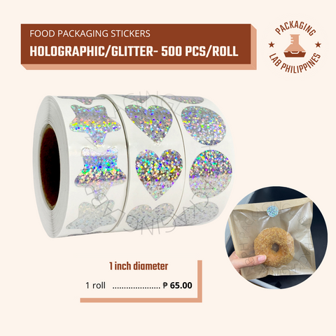 1" Holo Heart and Round Food Packaging Sticker