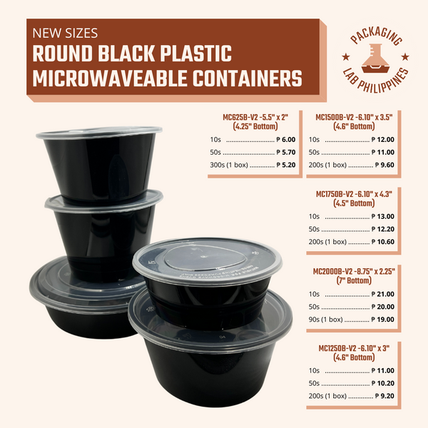 NEW SIZES ROUND BLACK Plastic Microwaveable Containers