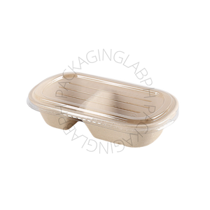 850mL Oval Sugarcane Box 2-compartments w/ CLEAR PET Lid