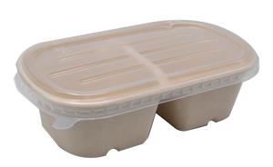 700mL Oval Sugarcane Box 2-Compartment w/ Plastic Lid