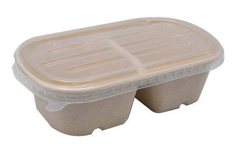 700mL Oval Sugarcane Box 2-Compartment w/ Plastic Lid