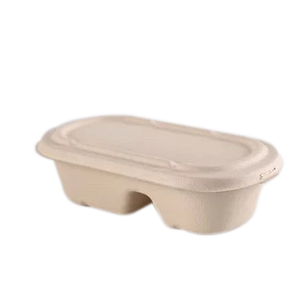 1000mL Oval Sugarcane Box 2-compartments w/ Paper Lid