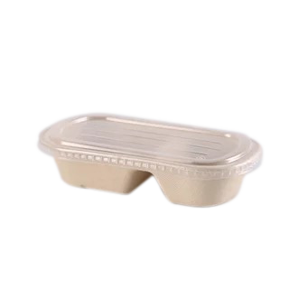 850mL Oval Sugarcane Box 2-compartments w/ Plastic Lid