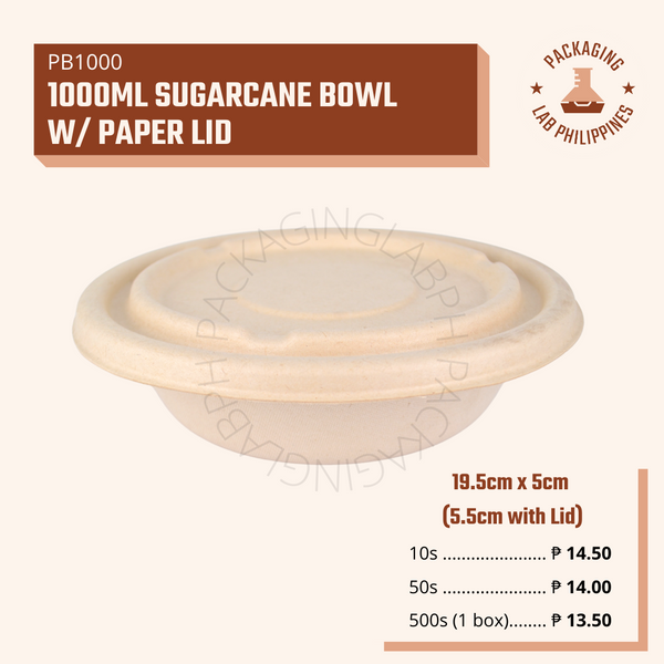 [CLEARANCE] 1000ml Wide Sugarcane Bowl with Paper Lid
