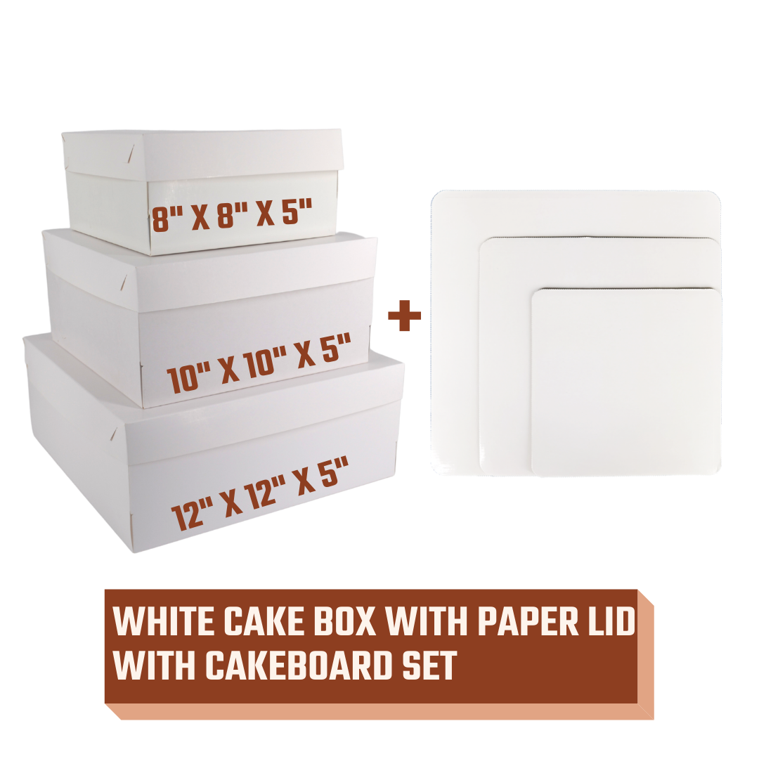 Square White Cake Box with Paper Lid (8-12 inch) with CAKEBOARD SET