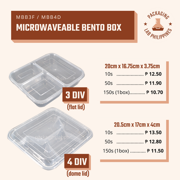 3 Division Clear Microwaveable Bento Meal Box (Flatlid)