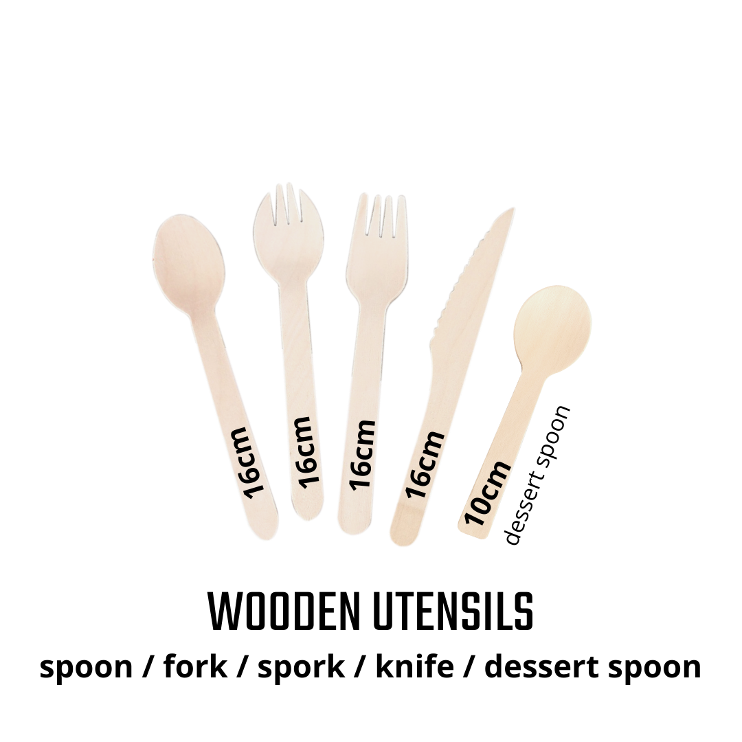 Disposable Wooden Utensils (Spoon, Fork, Spork, Dessert Spoon)